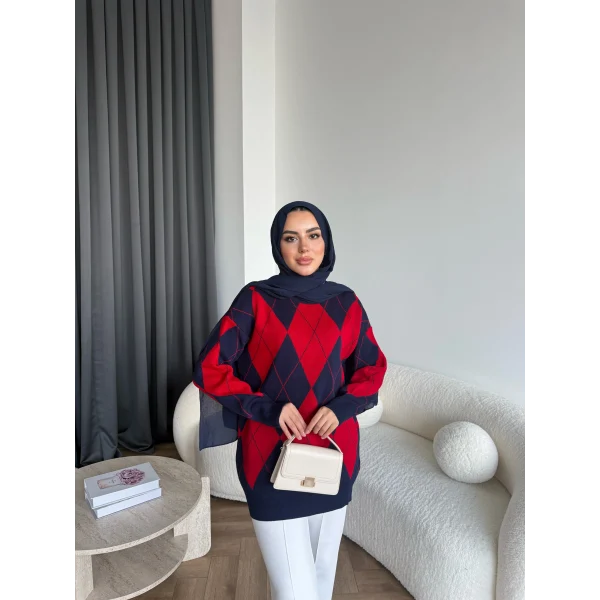 Pls-Baklava Desen Triko Kazak - Bordo