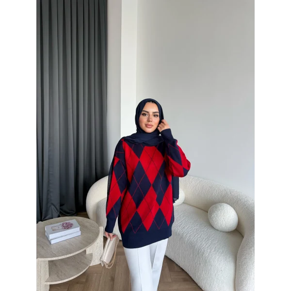 Pls-Baklava Desen Triko Kazak - Bordo