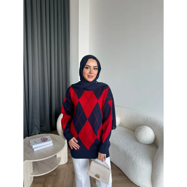 Pls-Baklava Desen Triko Kazak - Bordo