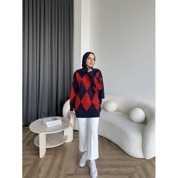 Pls-Baklava Desen Triko Kazak - Bordo