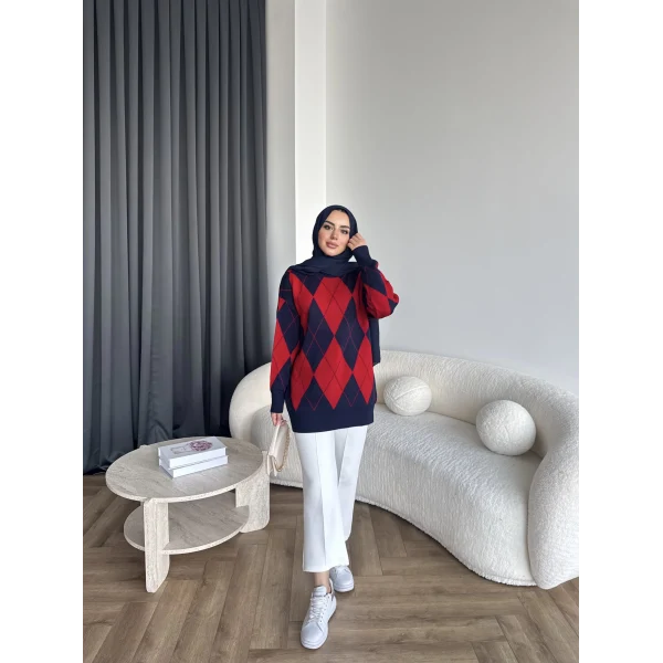 Pls-Baklava Desen Triko Kazak - Bordo