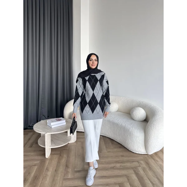 Pls-Baklava Desen Triko Kazak - Gri