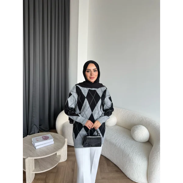 Pls-Baklava Desen Triko Kazak - Gri