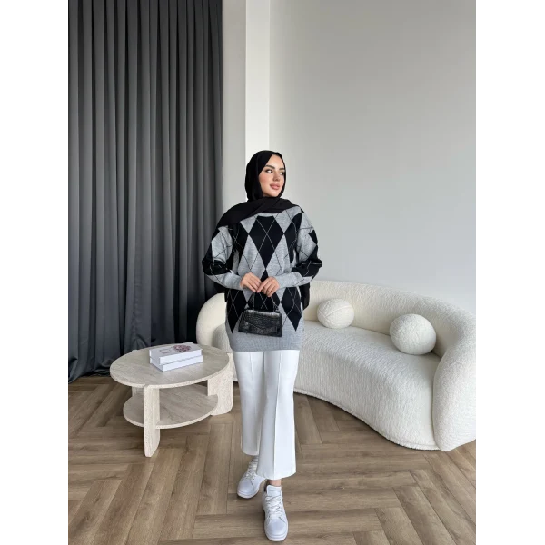 Pls-Baklava Desen Triko Kazak - Gri