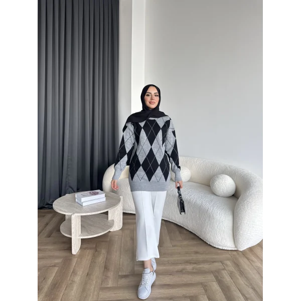 Pls-Baklava Desen Triko Kazak - Gri