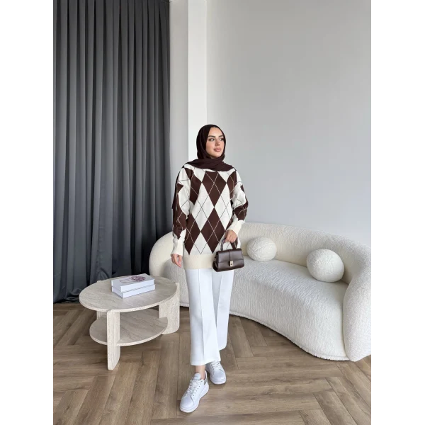 Pls-Baklava Desen Triko Kazak - Kahve