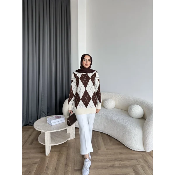 Pls-Baklava Desen Triko Kazak - Kahve