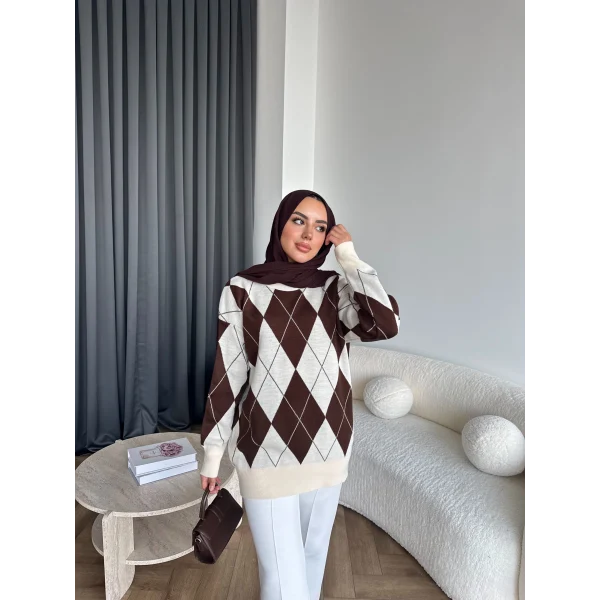 Pls-Baklava Desen Triko Kazak - Kahve