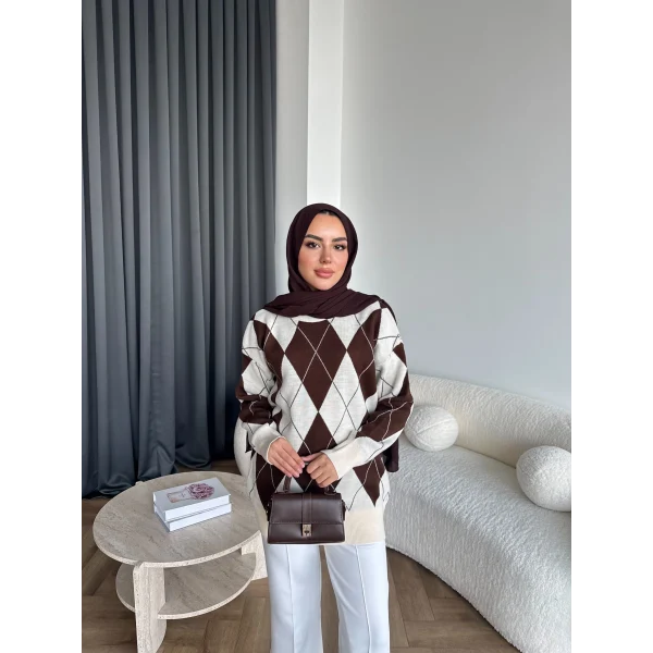 Pls-Baklava Desen Triko Kazak - Kahve