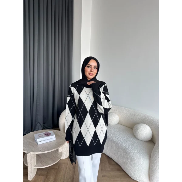 Pls-Baklava Desen Triko Kazak - Siyah