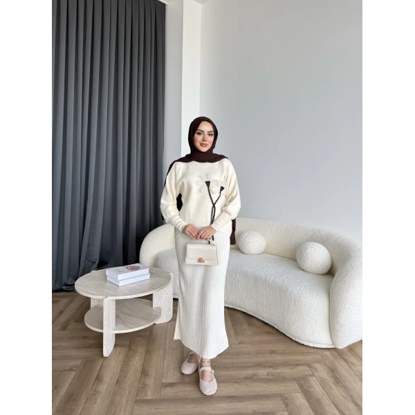 Pls-Çiçek Detay Jile Elbise - Bej