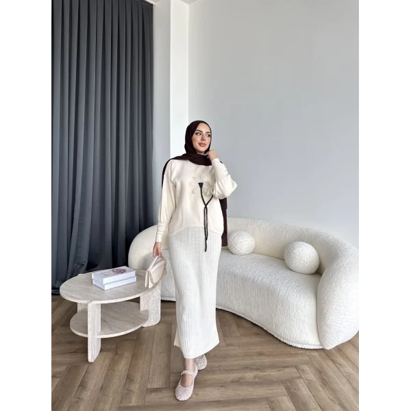 Pls-Çiçek Detay Jile Elbise - Bej