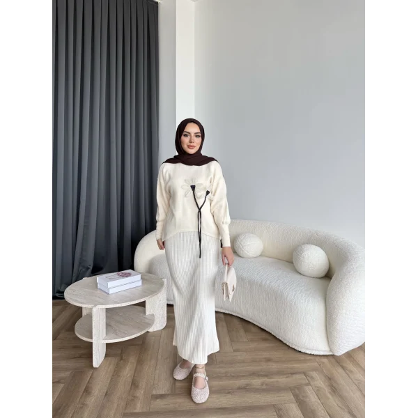 Pls-Çiçek Detay Jile Elbise - Bej