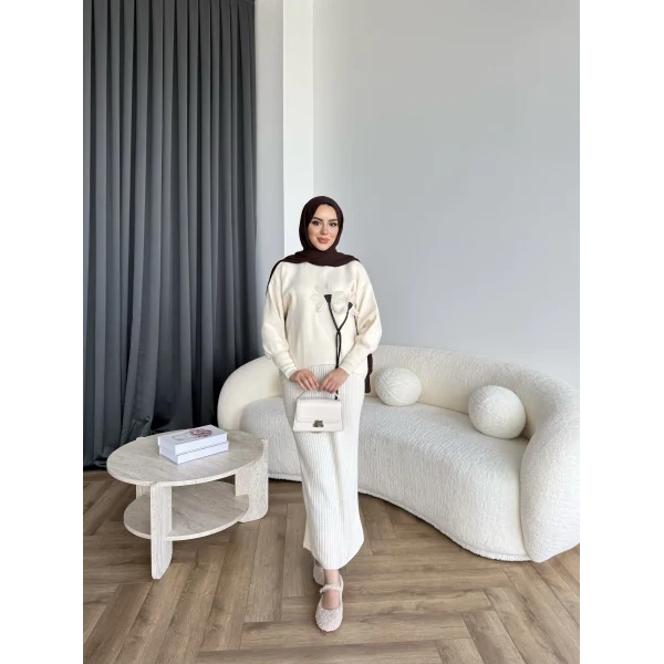 Pls-Çiçek Detay Jile Elbise - Bej