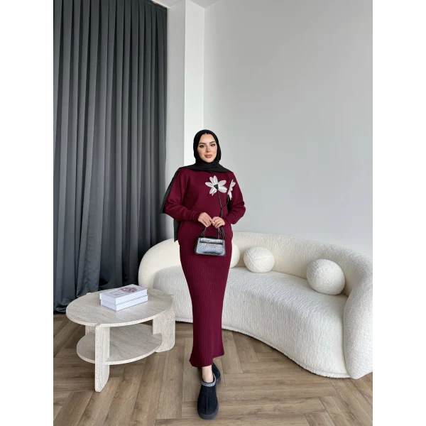 Pls-Çiçek Detay Jile Elbise - Bordo