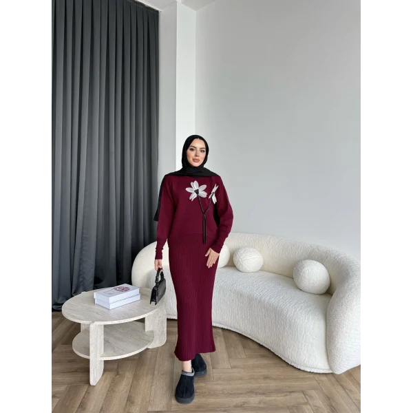 Pls-Çiçek Detay Jile Elbise - Bordo