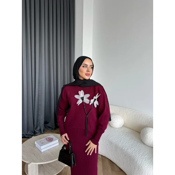 Pls-Çiçek Detay Jile Elbise - Bordo