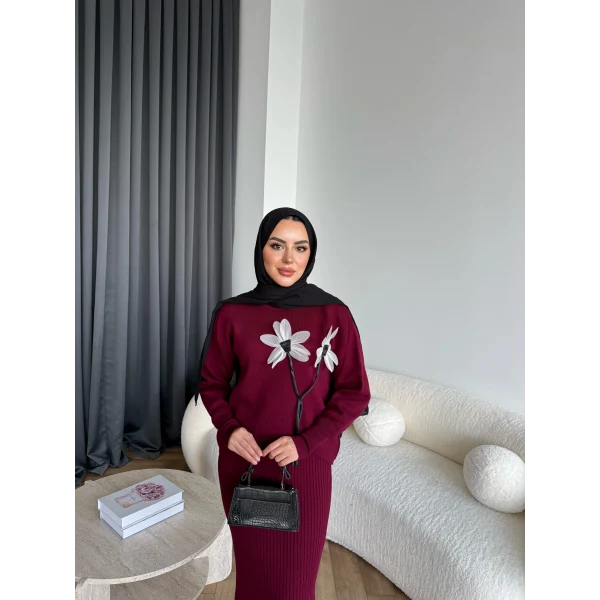 Pls-Çiçek Detay Jile Elbise - Bordo