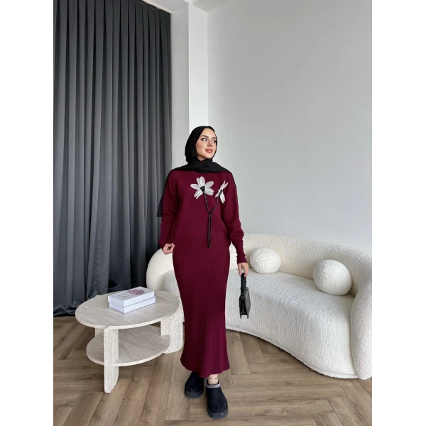 Pls-Çiçek Detay Jile Elbise - Bordo