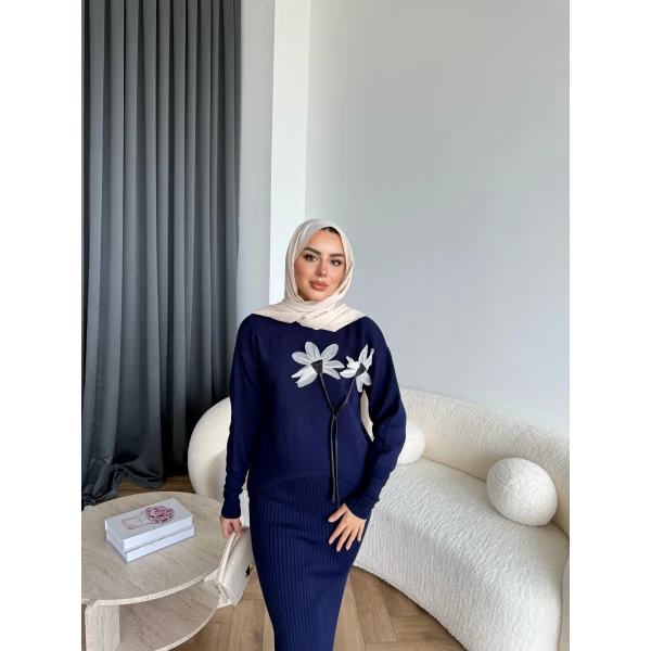 Pls-Çiçek Detay Jile Elbise - Lacivert