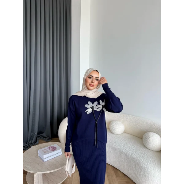 Pls-Çiçek Detay Jile Elbise - Lacivert