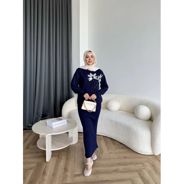 Pls-Çiçek Detay Jile Elbise - Lacivert