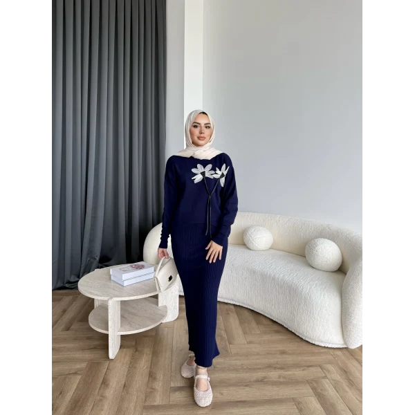 Pls-Çiçek Detay Jile Elbise - Lacivert