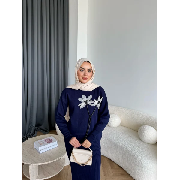 Pls-Çiçek Detay Jile Elbise - Lacivert