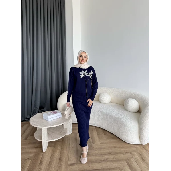 Pls-Çiçek Detay Jile Elbise - Lacivert