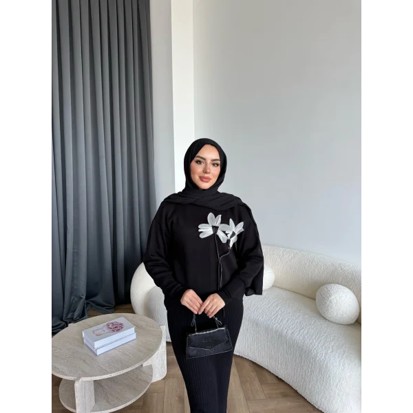 Pls-Çiçek Detay Jile Elbise - Siyah