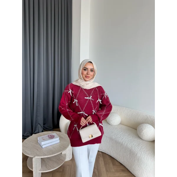 Pls-Kurdele Detay Triko Kazak - Bordo