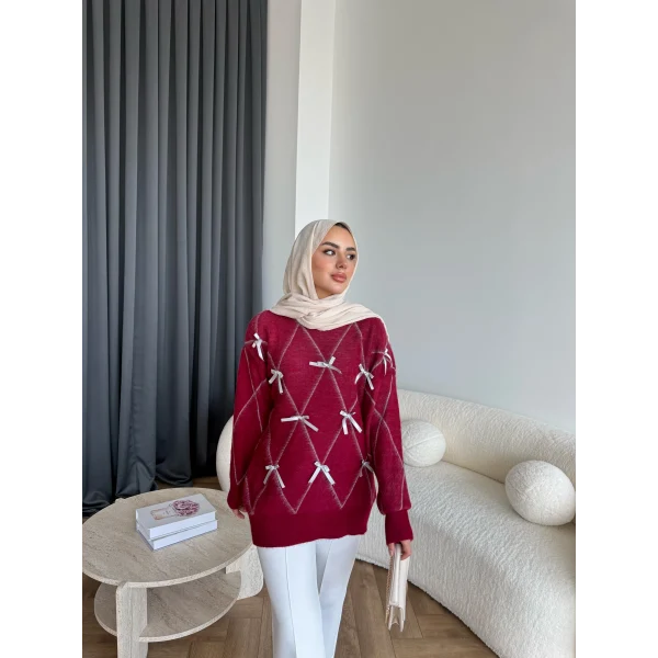 Pls-Kurdele Detay Triko Kazak - Bordo