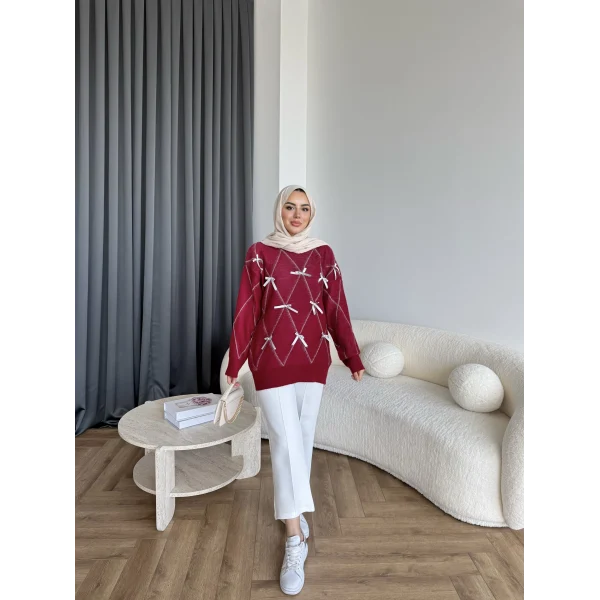 Pls-Kurdele Detay Triko Kazak - Bordo