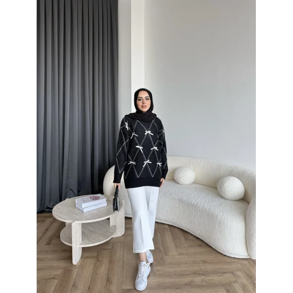 Pls-Kurdele Detay Triko Kazak - Siyah