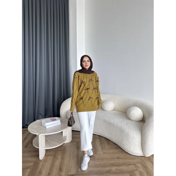 Pls-Kurdele Detay Triko Kazak - Yağ Yeşili