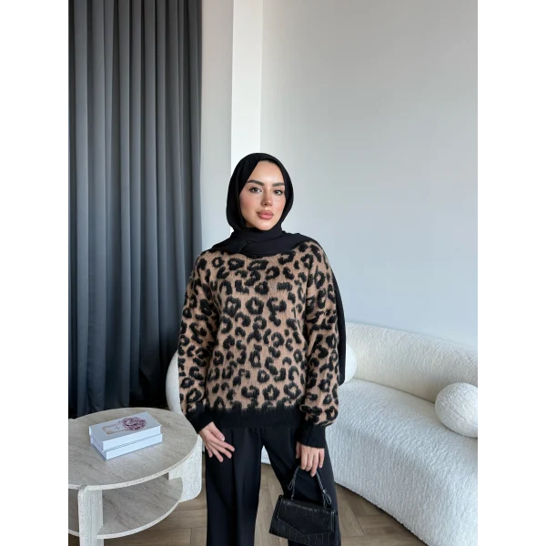 Pls - Leopar Desen Triko Kazak - Koyu