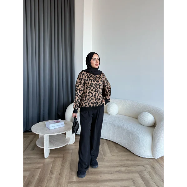 Pls - Leopar Desen Triko Kazak - Koyu
