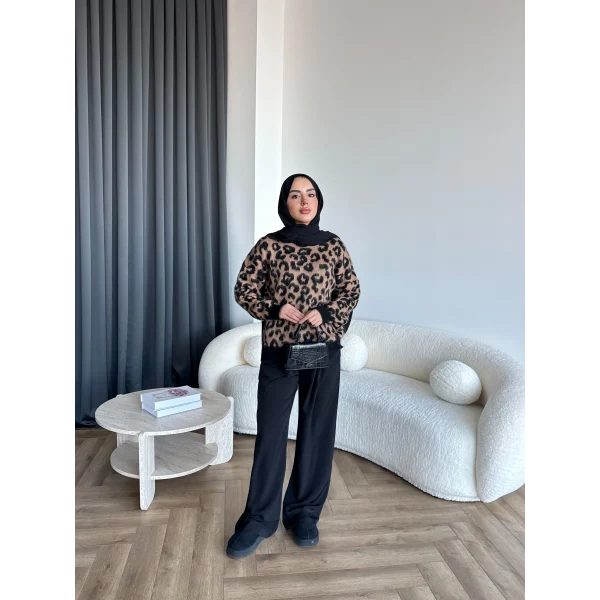 Pls - Leopar Desen Triko Kazak - Koyu