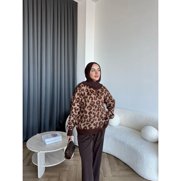 Pls-Leopar Desen Triko Kazak - Açık