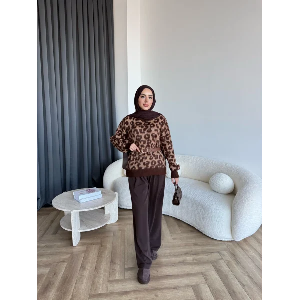 Pls-Leopar Desen Triko Kazak - Açık