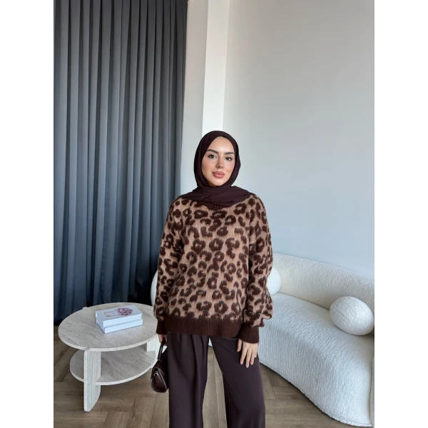 Pls-Leopar Desen Triko Kazak - Açık