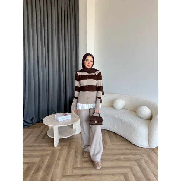 Pnd- Dianas Çizgili Triko Takım - Vizon