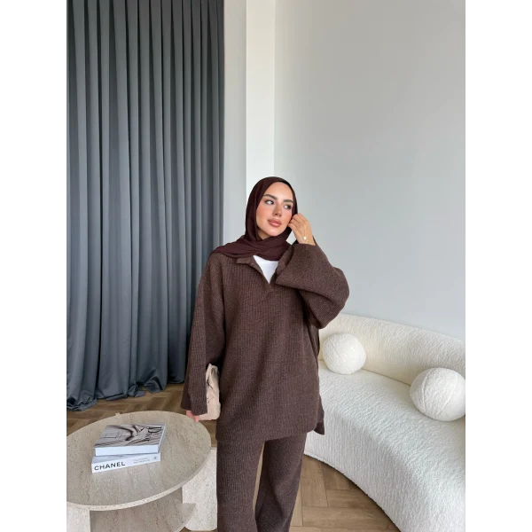 Polo Yaka Örgü Triko Takım - Acı Kahve