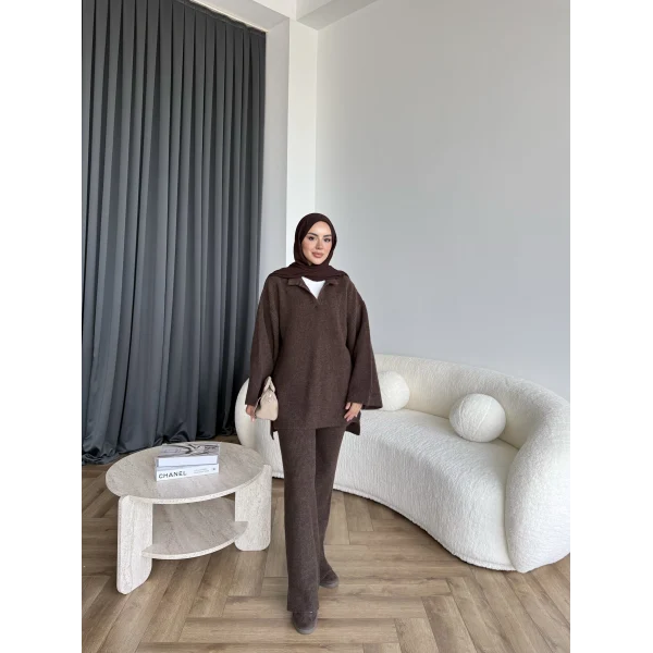Polo Yaka Örgü Triko Takım - Acı Kahve
