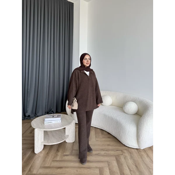 Polo Yaka Örgü Triko Takım - Acı Kahve