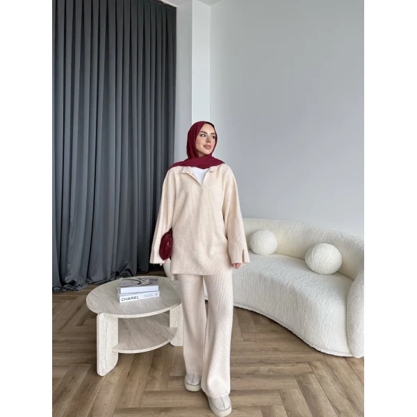 Polo Yaka Örgü Triko Takım - Bej