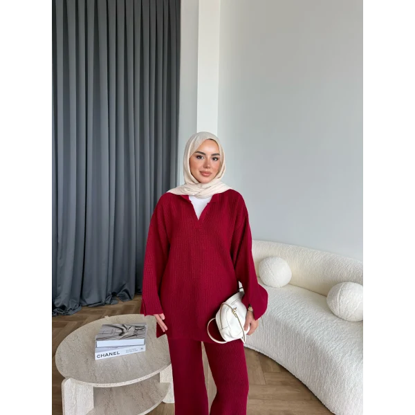 Polo Yaka Örgü Triko Takım - Bordo