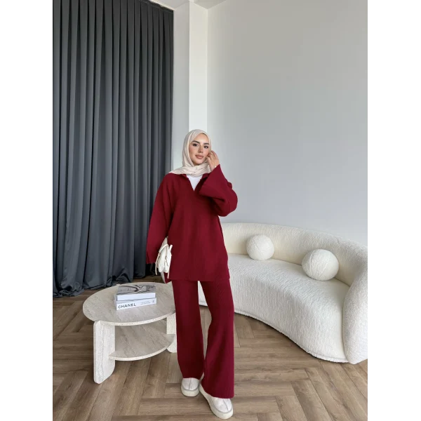 Polo Yaka Örgü Triko Takım - Bordo