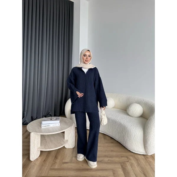 Polo Yaka Örgü Triko Takım - Lacivert