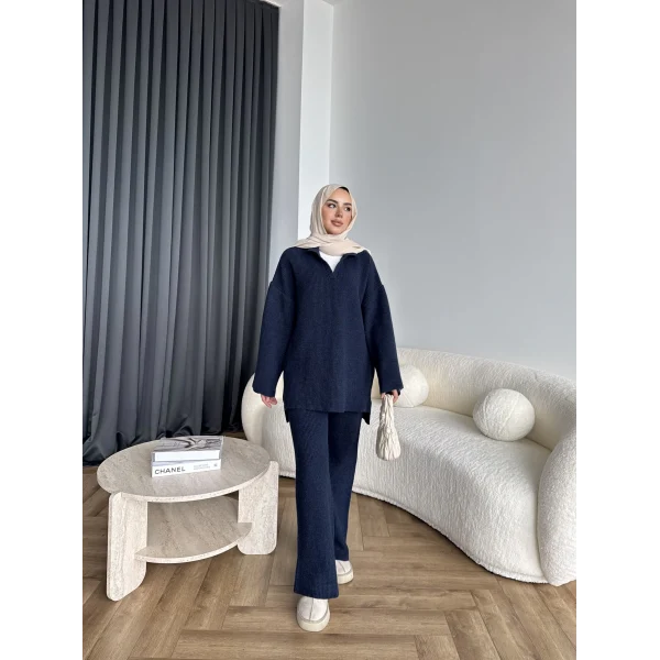 Polo Yaka Örgü Triko Takım - Lacivert